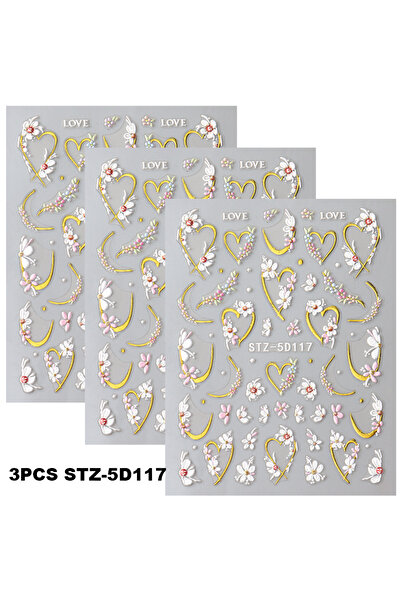 Choice 3 قطع STZ-5D117 5D منقوش كاواي زهري ذهبي خطي ملصقات أظافر زهور بيضاء ر...