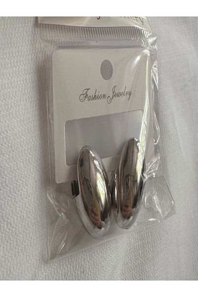 PARLAK EVREN Minimal Oval Form Shiny Silver Color Earrings