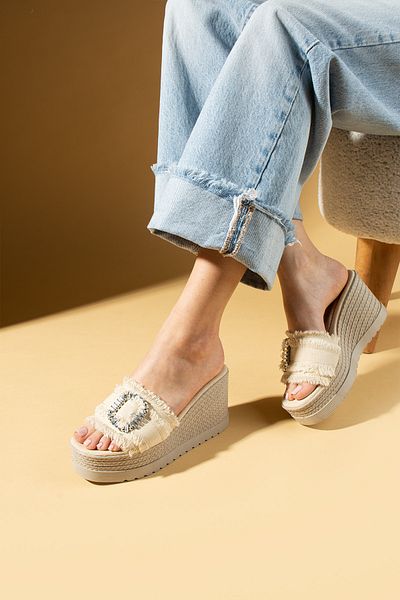 Pembe Potin Women's Beige Linen Thick Wedge Heel Poly Comfortable Sole Slippers Sandals