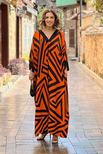 Nevin Kaya Moda Orange Striped Pants Tunic Double Set