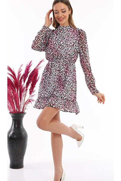 Miss Allos Γυναικείο Φόρεμα Ροζ Μαύρο Λεοπάρ Μίνι Φόρεμα Σιφόν με Κορδόνι ψηλός λαιμός