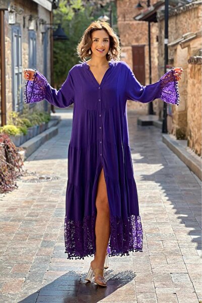 Nevin Kaya Moda Φόρεμα Μωβ Χρώμα Μακρύ Μήκος Δαντέλα