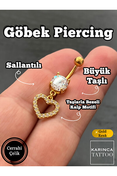Karınca Piercing Kalp Sallantılı Taşlı Göbek Piercing