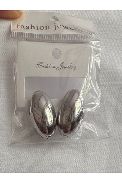 PARLAK EVREN Minimal Oval Form Shiny Silver Color Earrings