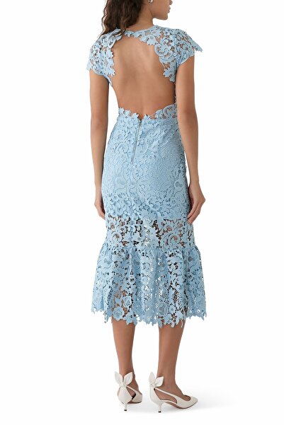 ALICE AND OLIVIA Clover Açık Sırtlı Dantel Midi Elbise, Mineral Mavi, Romantik Tasarım