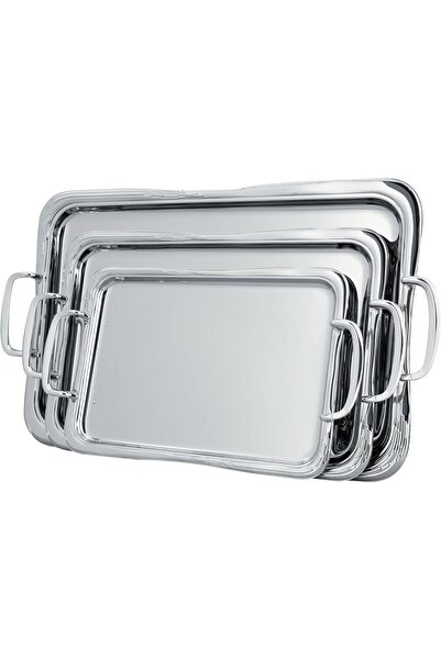 ALSAIF طقم صواني تقديم مكون من 3 قطع بمقابض جانبية، تصميم عصري وأنيق، كروم