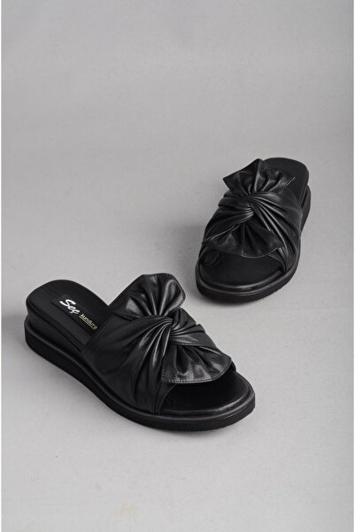 SEÇ KUNDURA Seç 870704 Genuine Leather Padded Heel Slippers Black