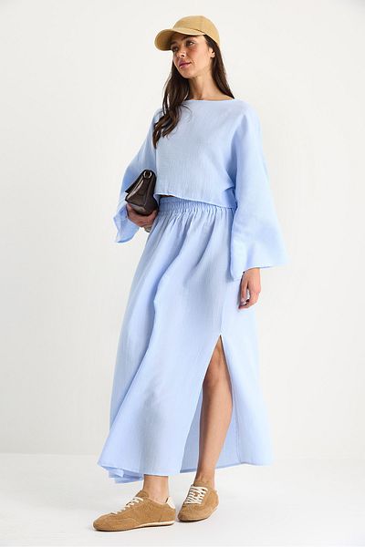 Bianco Lucci Set de muselină pentru femei, cu mâneci liliac, cu talie elastică, cu detaliu de fante, fustă 9280 60281002