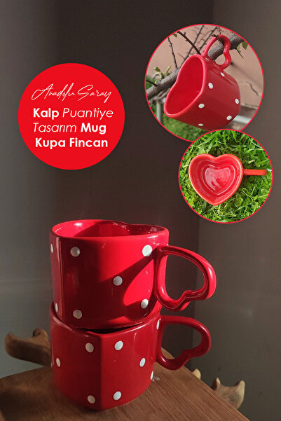 Anadolu Saray El Yapımı Seramik Puantiyeli Kalp Tasarım Mug Kupa Fincan Handmade Mug Fincan Kupa Kahve Kupası