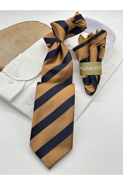 Gutiero Gold Navy Blue Striped Classic Tie with Handkerchief