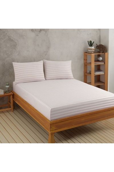 Enlora Home Bed cover set with elastic and 2 pillowcases, 65% cotton and 35% polyester, 160x200cm, beige with stripes