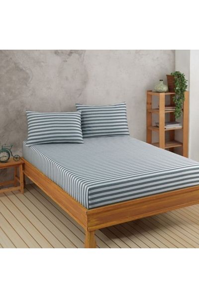 Enlora Home Set husa de pat cu elastic si 2 fete perna, bumbac 65% si poliester 35%, 160 x 200 cm, verde cu dung