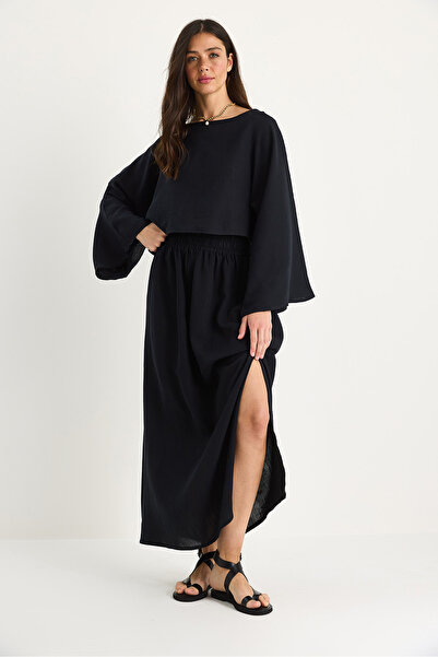 Bianco Lucci Women's Bat Sleeve Cropped Elastic Waist Slit Detail Skirted Muslin Suit 9280 60281002