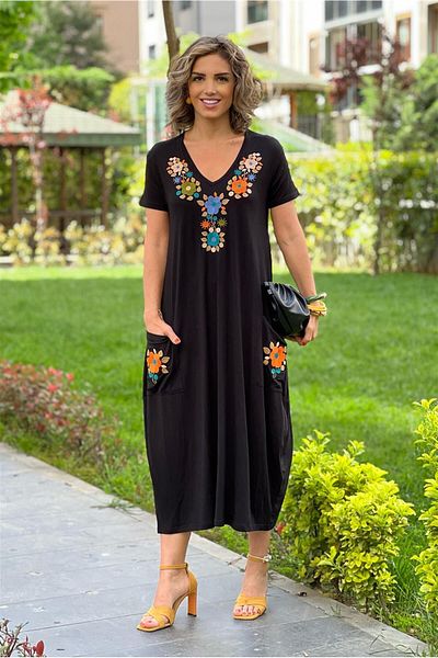Nevin Kaya Moda Rochie neagră cu decolteu în V cu model de flori - bumbac viscoză