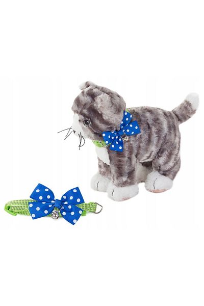 zola Adjustable dog collar made of green fabric with blue bow and bell
