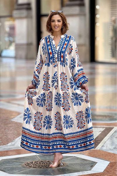 Nevin Kaya Moda Μακρύ φόρεμα με μοτίβο πλακιδίων σε κρεμ χρώμα