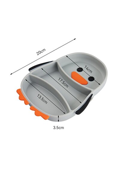 Flippy Set diversificare bebe Flippy, silicon, 23.5x12.5 cm, farfurie pinguin, lingură, furculiță, pai, gri