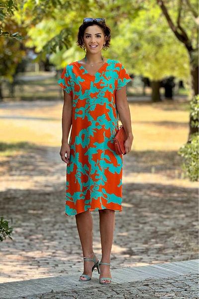 Nevin Kaya Moda 100% bumbac vascoza - rochie turcoaz cu model acuarela