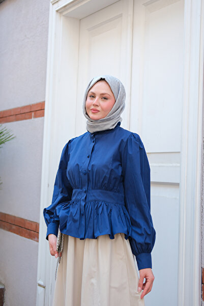 LOCCO Women's Waist Shirring Detailed Shirt Navy Blue