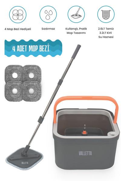 valletta Lamonica 4 Mop Bezli Temiz Ve Kirli Suyu Ayıran Otomatik Temizlik Se...