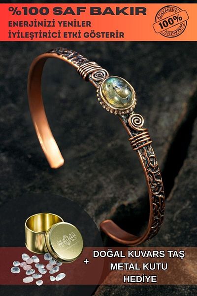 OSMANLI GÜMÜŞ Copper Clamp Bracelet Labradorite Natural Stone Men Women Quartz Stone & Metal Boxed