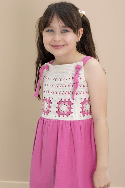 Cansın Mini Rochie de muselină pentru fete cu bretele cu dantelă fucsia 21023
