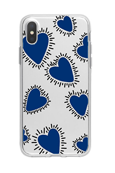 mooodcase iPhone Xs Max Uyumlu Çizgili Mavi Kalpler Desenli Şeffaf Silikonlu Telefon Kılıfı