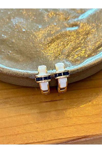 SE Jewellery Collection Selin Ersoy C White Enameled Navy Blue Stone Detailed Stylish Women's Hoop Earrings 1.2 cm