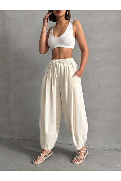 BEJNA Women's Beige Linen Textured Balloon Pants