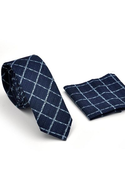 Gaffy Синя квадратна и бледо шарена тъмносиня тъкана носна кърпа Slim Fit Tie // SDK230912