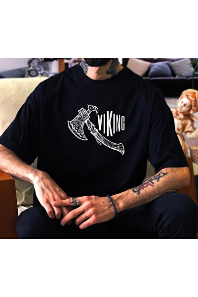 donamod Tricou negru Viking oversize unisex