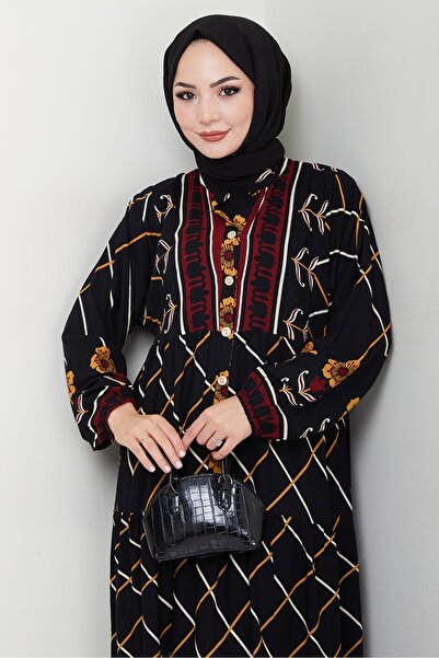 Bestenur Bat Sleeve Half Button Woven Viscose Dress 1483 - Black