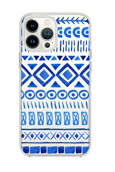 mooodcase iPhone 15 Pro Max Uyumlu Etnik İndigo Desenli Şeffaf Silikonlu Telefon Kılıfı