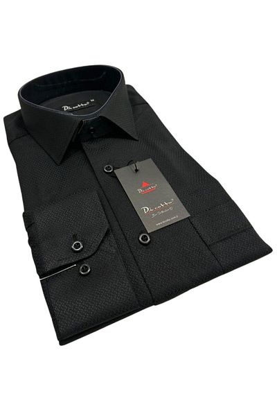 Dicotto Black Dobby Patterned Casual Cut Long Sleeve Men's Shirt One Pocket Classic Regular Fit