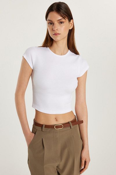 Tudors Tricou alb cu mânecă scurtă, cu mânecă scurtă, cu decolteu, din țesătură modală