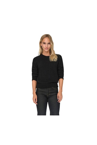 ONLY Pulover negru cu model tricotat obișnuit cu gâtul O pentru femei ONLEMIR...