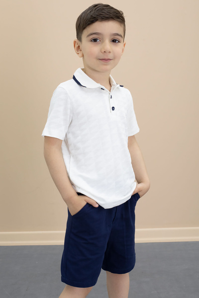 Cansın Mini Синій поло з коміром на ґудзиках, футболка та шорти для хлопчиків, комплект із 2 предметів 21105