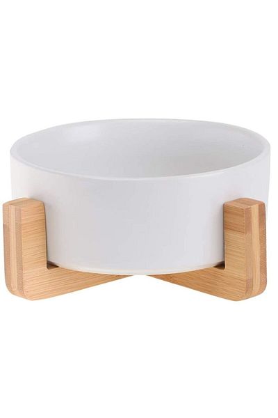 PETSARY Ceramic by Dog Cat Food Bowl with Bamboo Wood Stand (White)