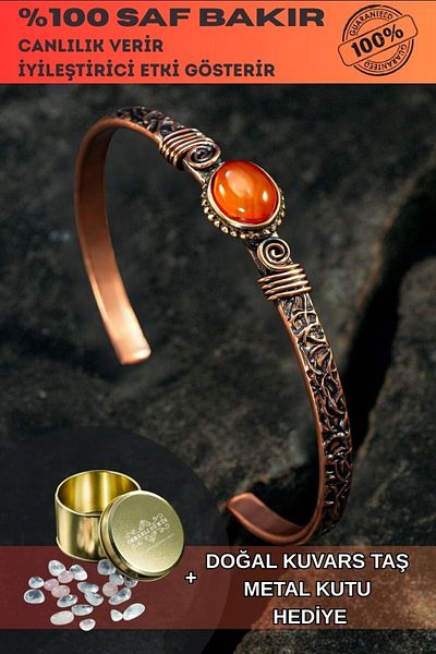 OSMANLI GÜMÜŞ Copper Handcuff Bracelet with Red Agate Natural Stone Men Women Quartz Stone & Metal Boxed