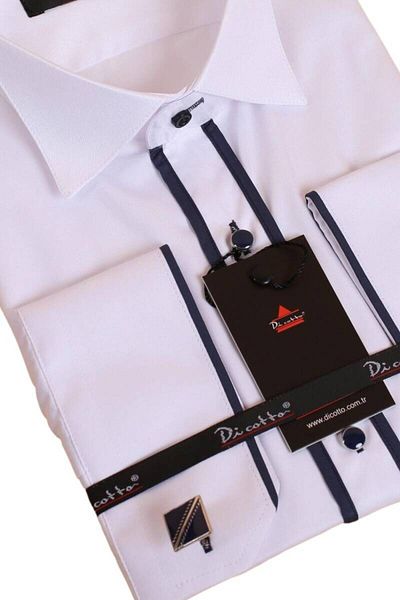 Dicotto Cămașă Tuxedo Slim Fit, albă, albastru-marin - dublă părtinire, guler de mire, butoni - 011