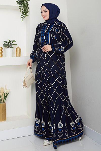 Bestenur Bat Sleeve Half Button Woven Viscose Dress 1483 - Navy Blue