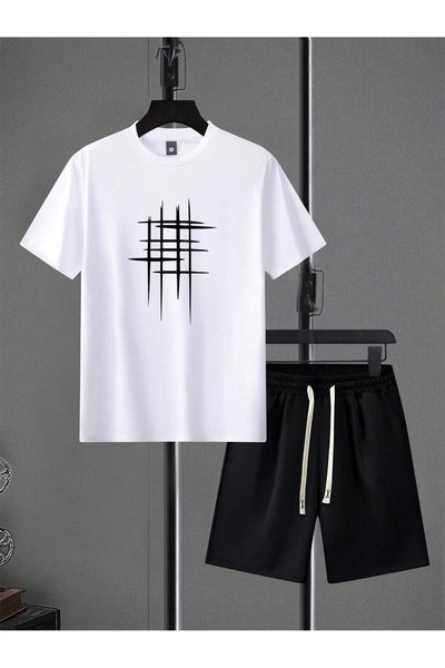 donamod White-Black Unisex Overize Checkered Striped T-Shirt-Shorts Set