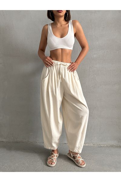 BEJNA Beigefarbene Ballonhose aus Leinen mit Struktur für Frauen