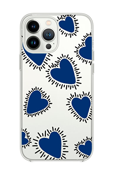 mooodcase iPhone 14 Pro Uyumlu Çizgili Mavi Kalpler Desenli Şeffaf Silikonlu Telefon Kılıfı