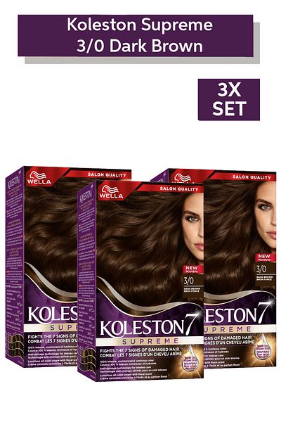 Wella Koleston Supreme - 100% Grey Coverage, Oil-infused, Intense Shine & Moisture - 3/0 Dark Brown X 3