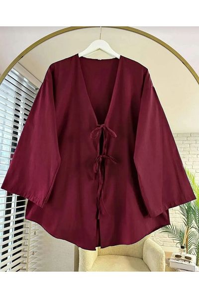 Giyim Gezegeni Tie Front Kimono Tunic Claret Red Oversize New Season Comfortable Fit Tie Front
