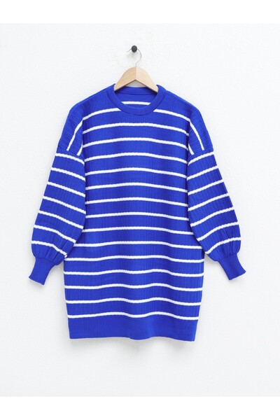 HİJABAYA Crew Neck Ribbed Striped Oversize Hijab Knitwear Tunic -Saks