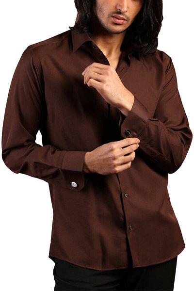 Dicotto Мъжка риза Slim Fit от кафяв микроплат - Slim Cut, копчета за ръкавели - 201-11