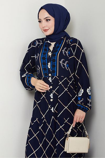 Bestenur Bat Sleeve Half Button Woven Viscose Dress 1483 - Navy Blue
