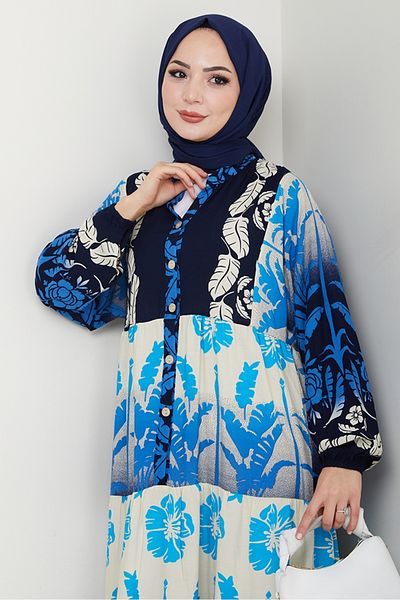 Bestenur Seyer Half Button Woven Viscose Dress 1485 - Indigo